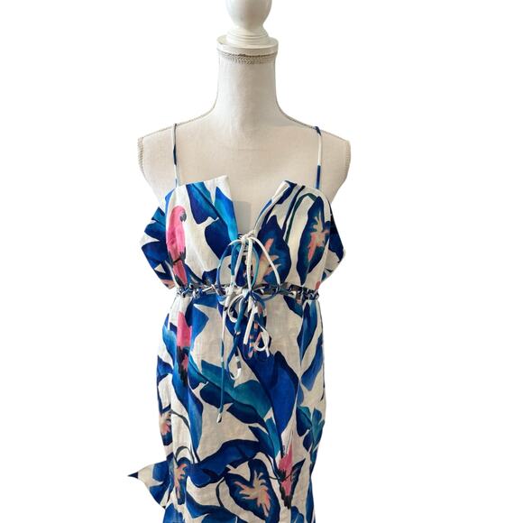 Farm Rio Blue Foliage Linen Laced Front Maxi Dress White Blue XL - Picture 4 of 13